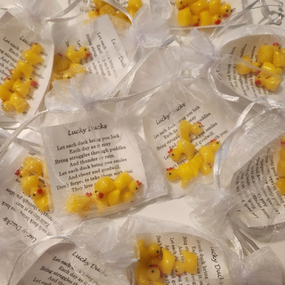 10 Lucky Ducks Favours - Each Pouch Includes 5 Good Luck Charms & Authentic Poem